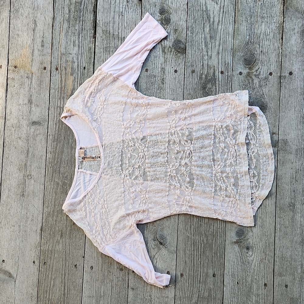 Light Pink Eyeshadow Small Lace Knit 3/4 Sleeve Blouse Shirt Boho Flirty